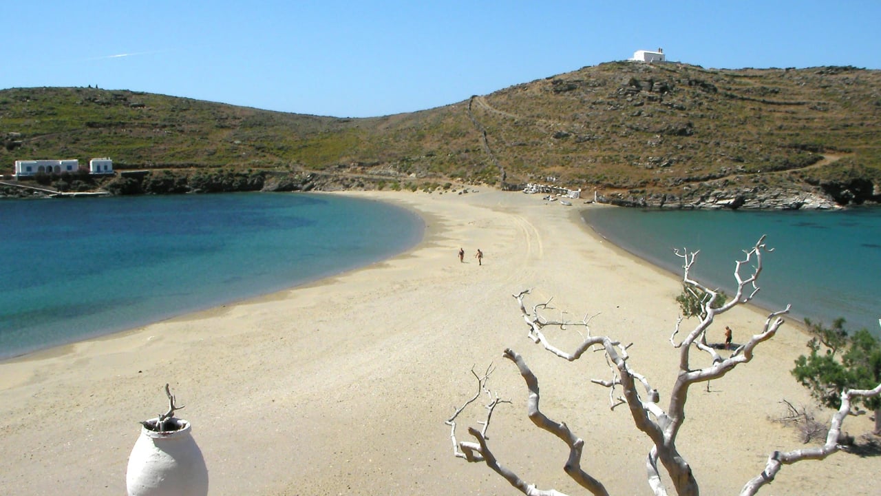 View of the tombolo leading to Agios Loukas in NW Kythnos