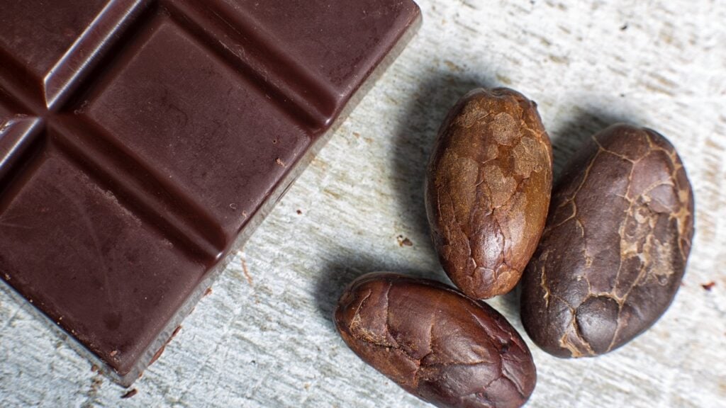 A chocolate bar and cocoa beans together.