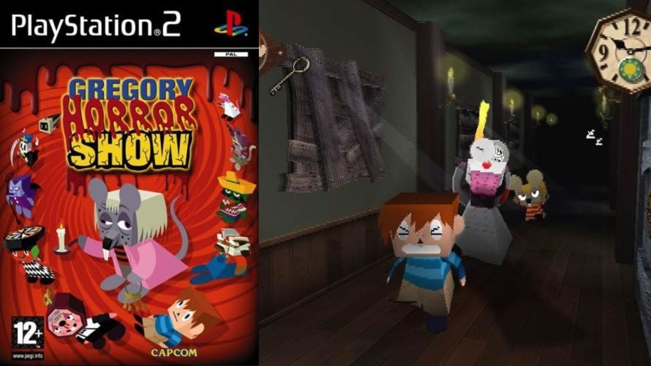 (L) Cover art for Gregory Horror Show; (R) Gameplay still from Gregory Horror Show.