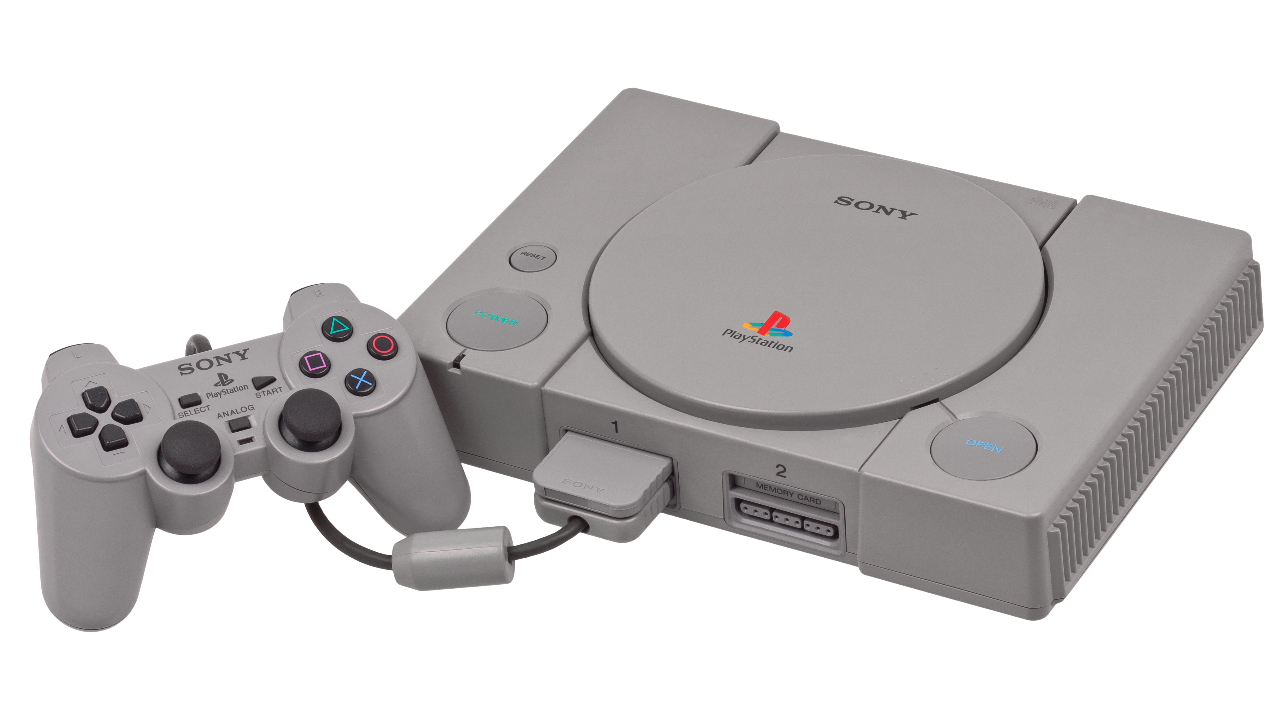 A Sony PlayStation with a DualShock controller and Memory Card