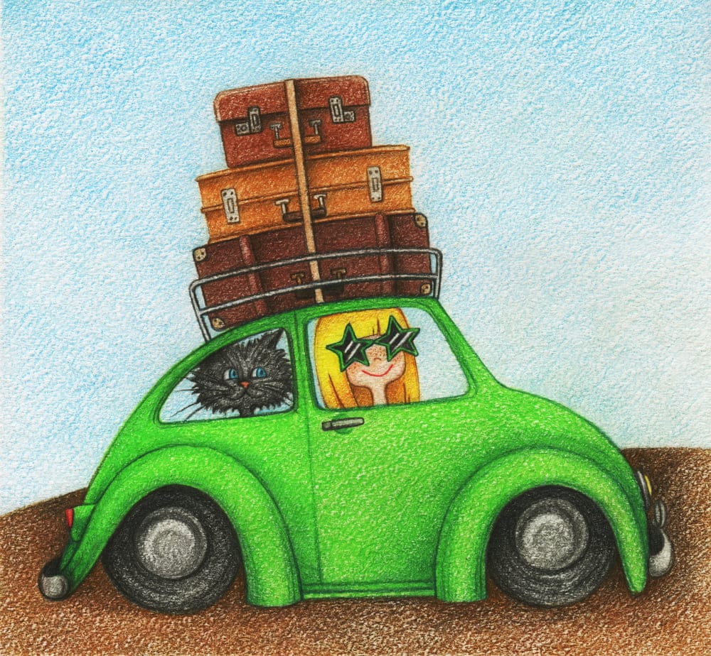 Top gear for the perfect road trip -animation of green VW bug with luggage stacked on top