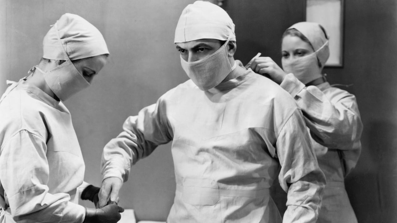 Surgeon, doctor, nurse, sterile, gloves, surgery, mask, operation, black and white, old, vintage