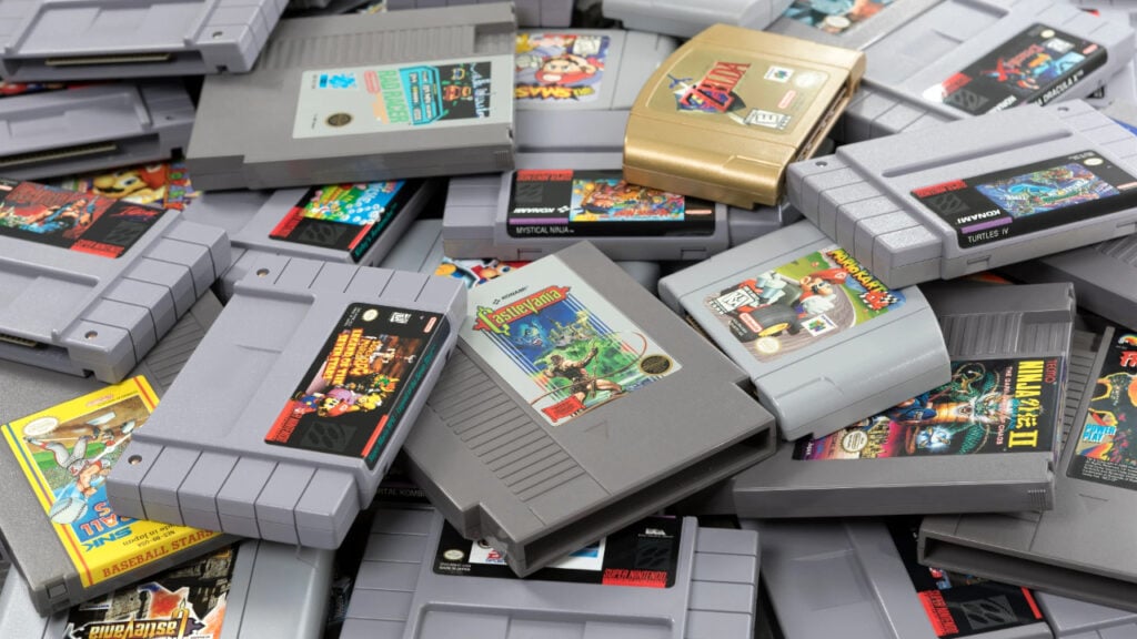 Various retro game cartridges, including N64 and SNES and NES retro consoles