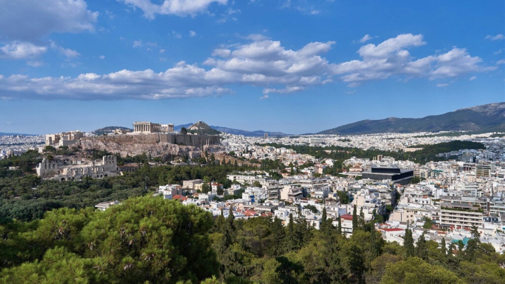 The Acropolis and Mount Hymettus from Philopappos Hill in July 2019